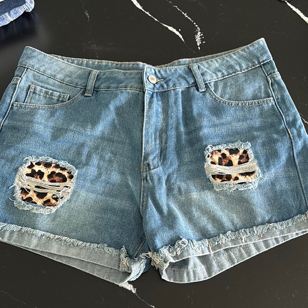 Blue Jean Shorts with Distressed Leopard Accents